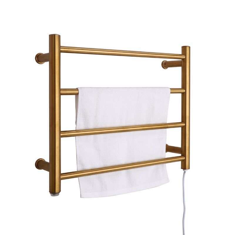 Modern minimalist stainless steel heated towel rack, electroplated gold finish, with hanging white towel.