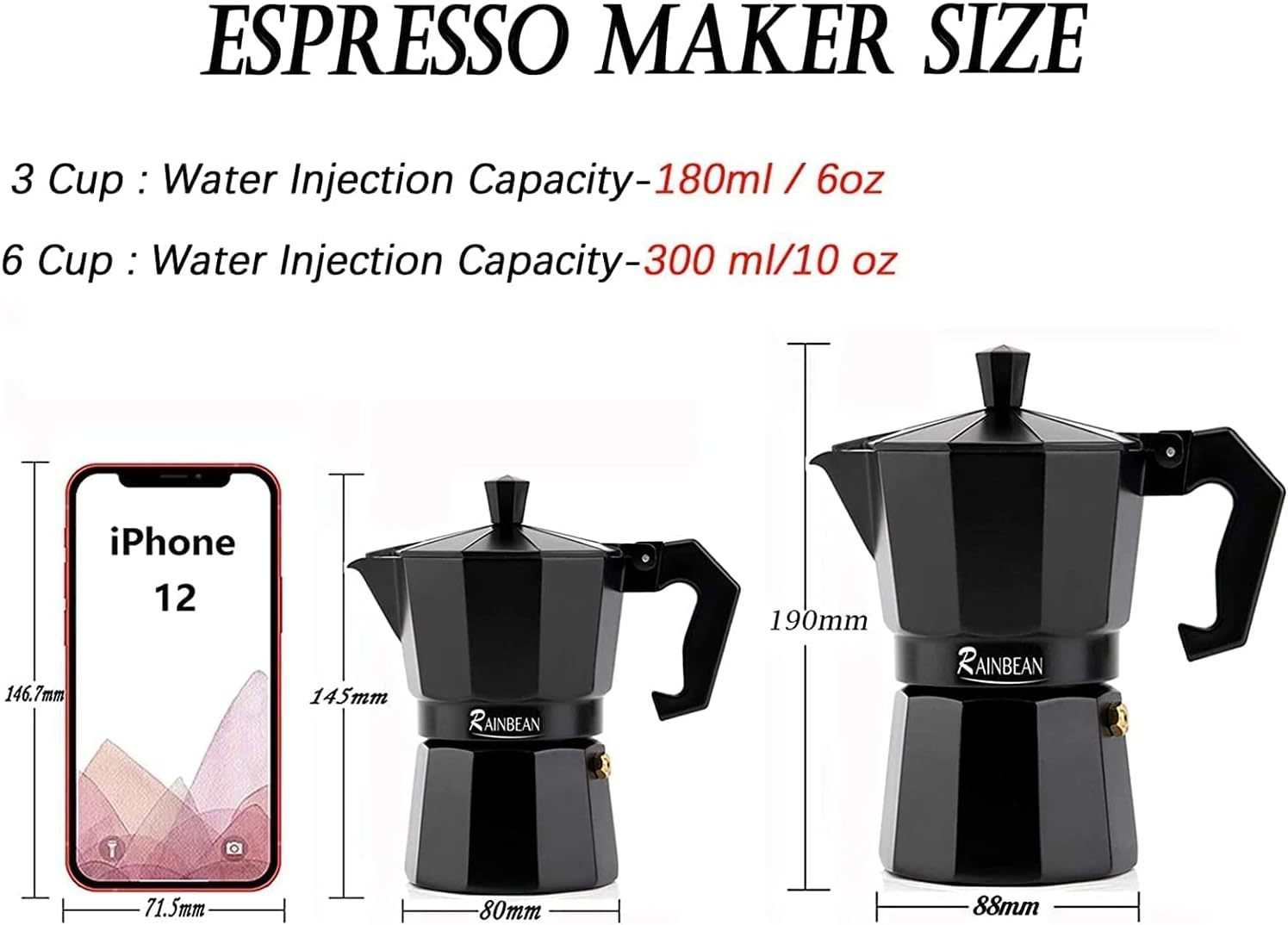 Black stovetop espresso maker, 3-cup and 6-cup sizes, alongside iPhone for scale comparison.