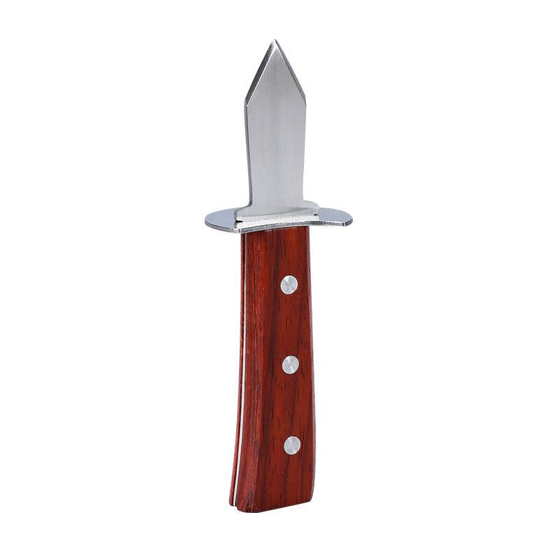 Stainless steel oyster shell knife with a red wooden handle.