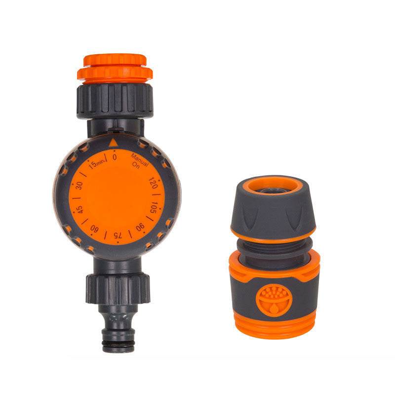Mechanical timing controller irrigation system kit with orange and black design, featuring a single outlet timer and water connection.