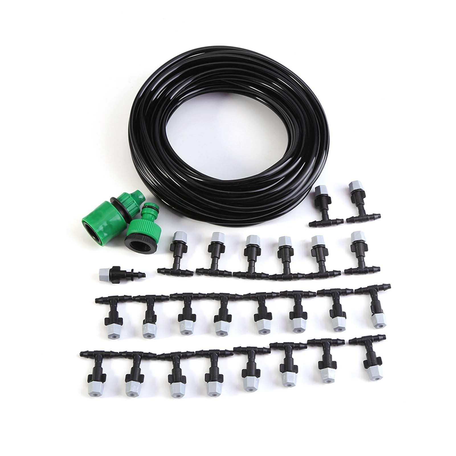 Water Misting Cooling System with hose, nozzles, and connectors for garden irrigation.