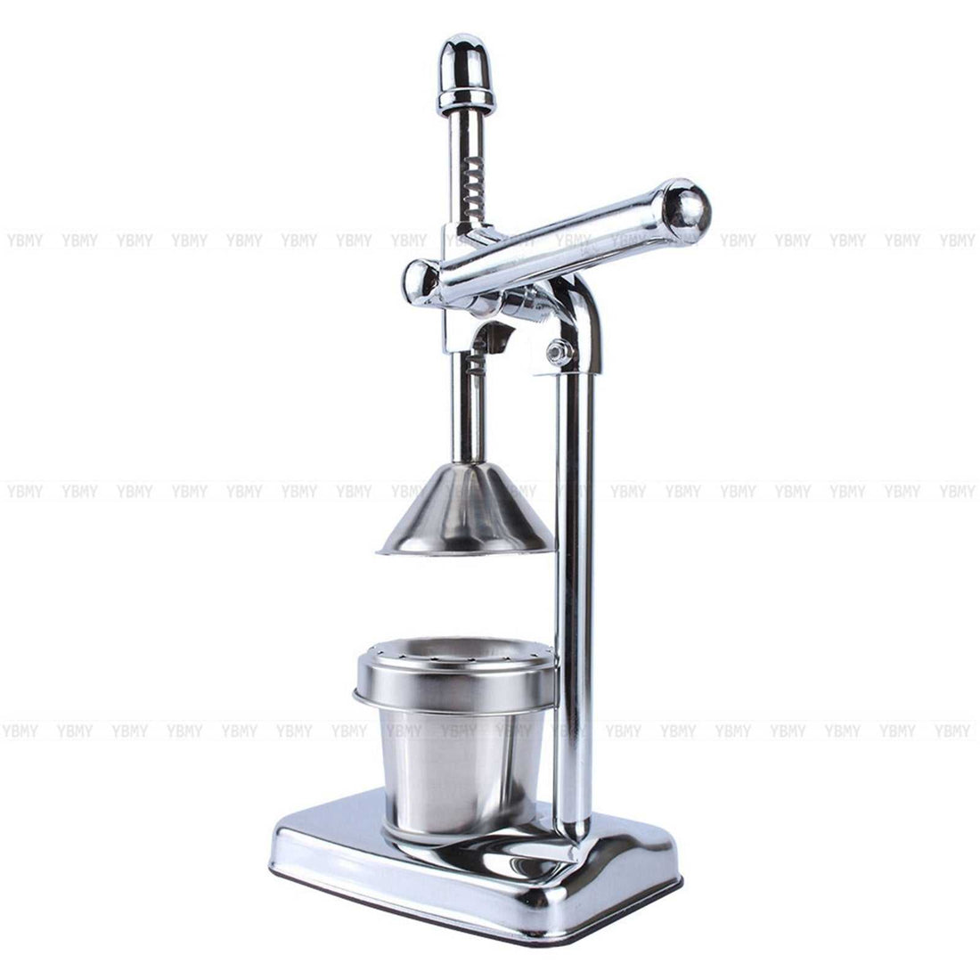 Durable manual hand press orange juicer with stainless steel cup and lever-gear handle.