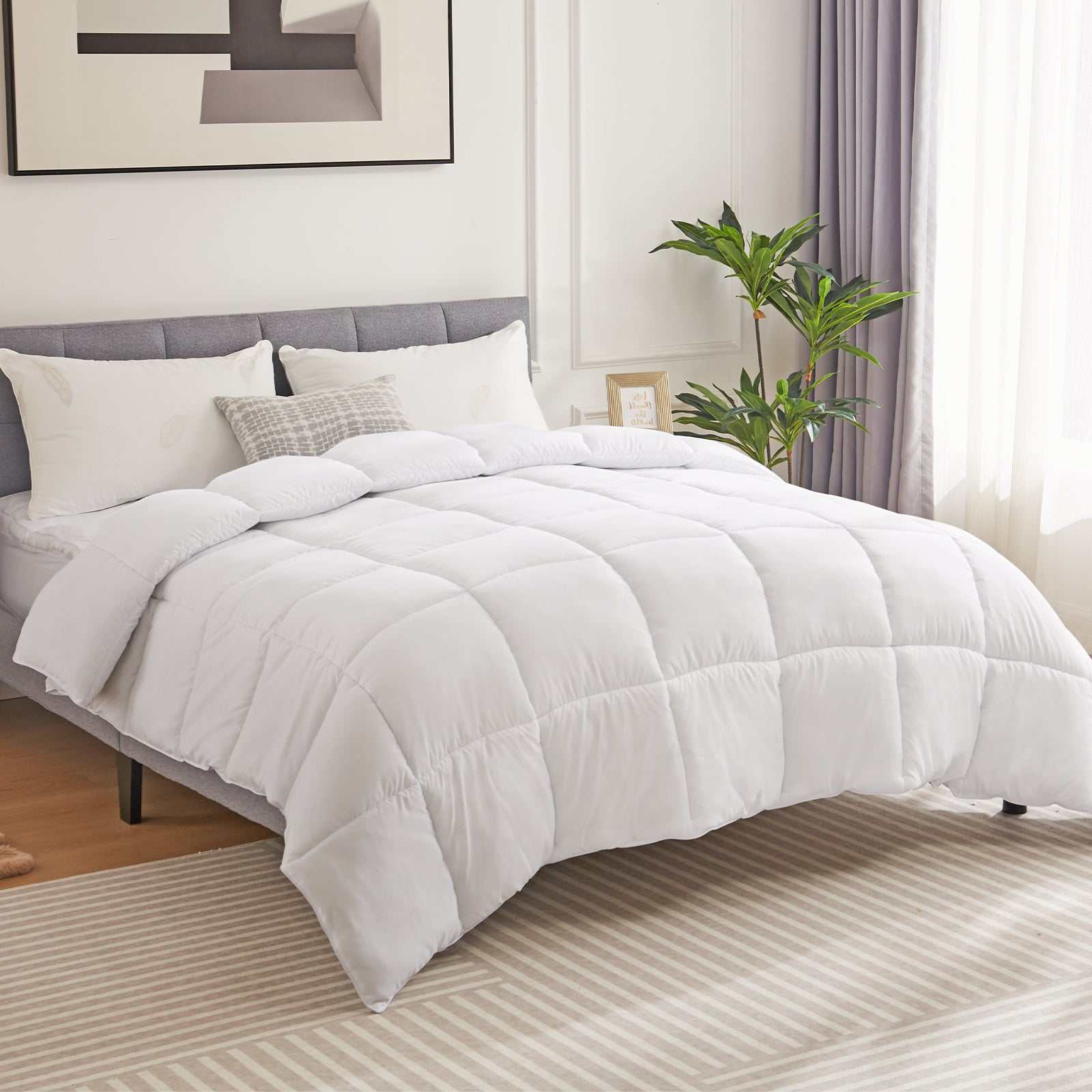 White down comforter on bed, Four Season Universal style, ideal for all-year use.