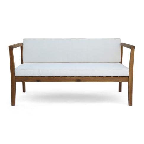 Outdoor 4-Seater Acacia Wood Chat Set with beige cushions and teak finish.