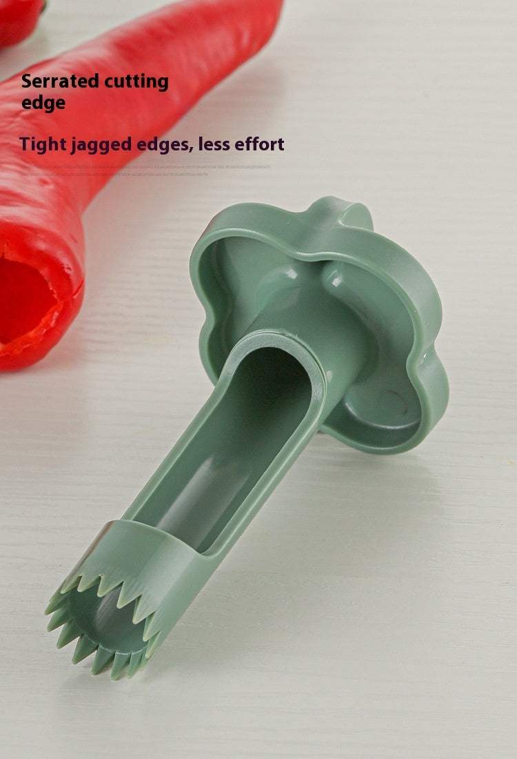Green ABS core remover tool with serrated cutting edge for kitchen use.