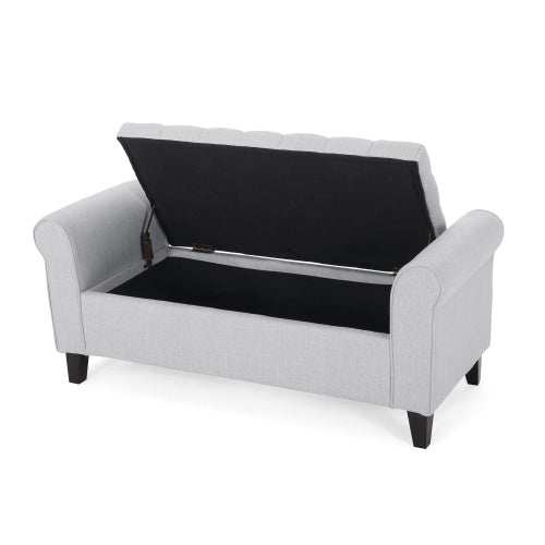 Light grey Hayes Armed Storage Bench with rolled arms and open lid displaying storage space.