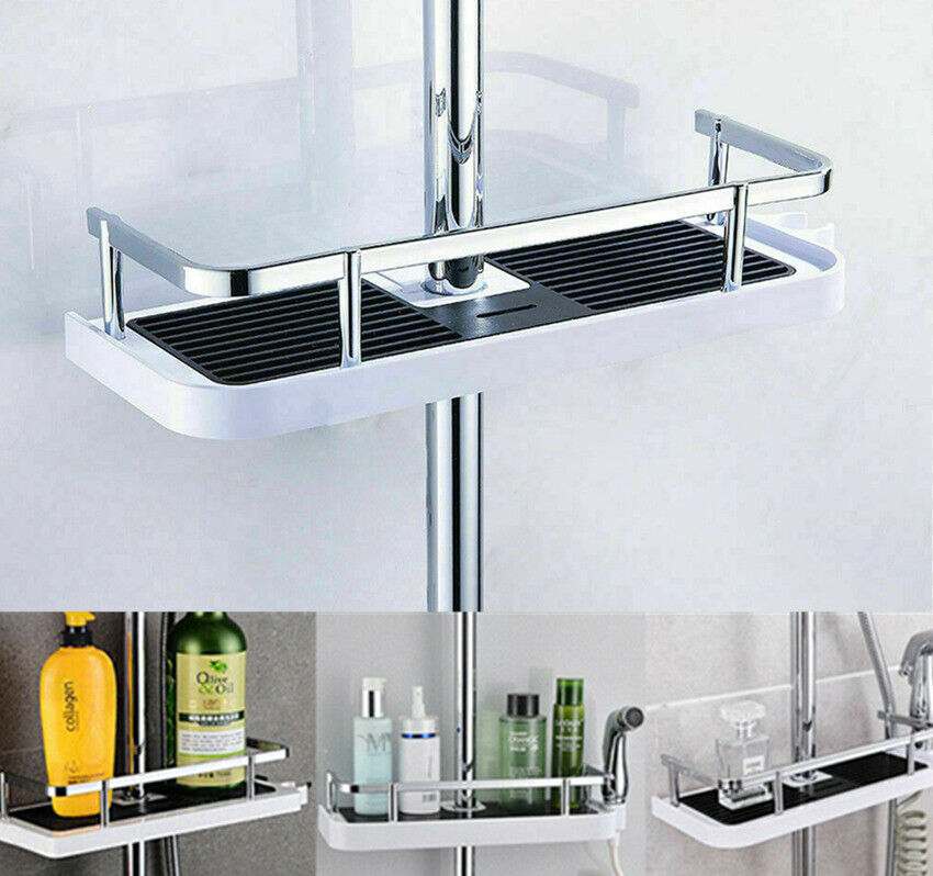 No drilling shower shelf with hollow bottom design for effective drainage, made from durable ABS plastic, featuring easy installation and bottom hooks for storage.