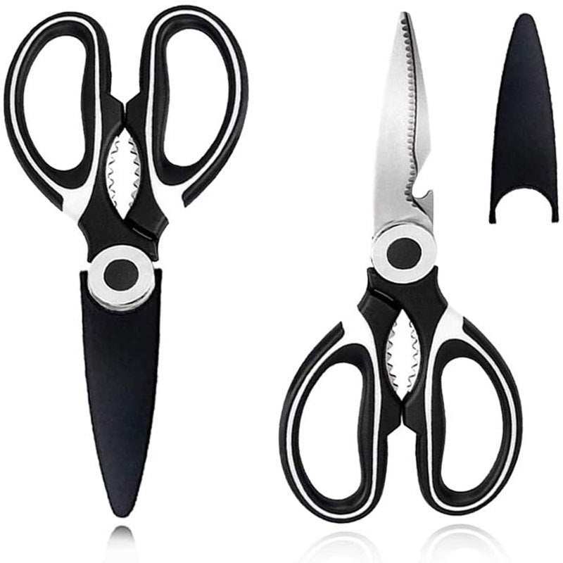 Stainless steel kitchen scissors with black handles and protective cover.