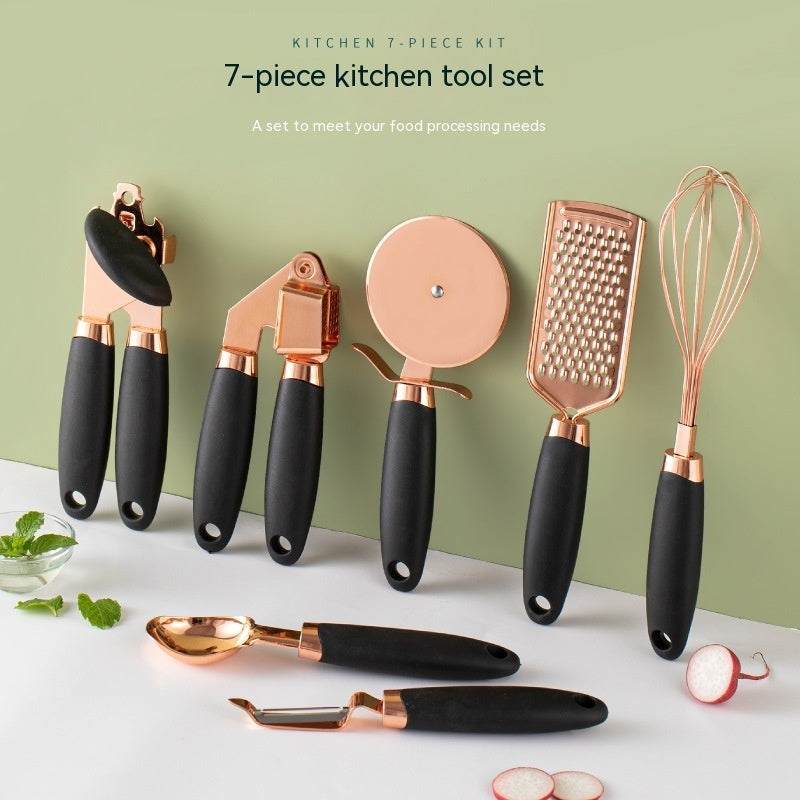 7-piece kitchen tool set with copper plating, including peeler and grater, for household use.