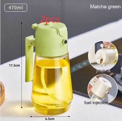 470ML olive oil sprayer in matcha green with dual functionality for spraying and pouring, ergonomic handle, and food-grade glass material.