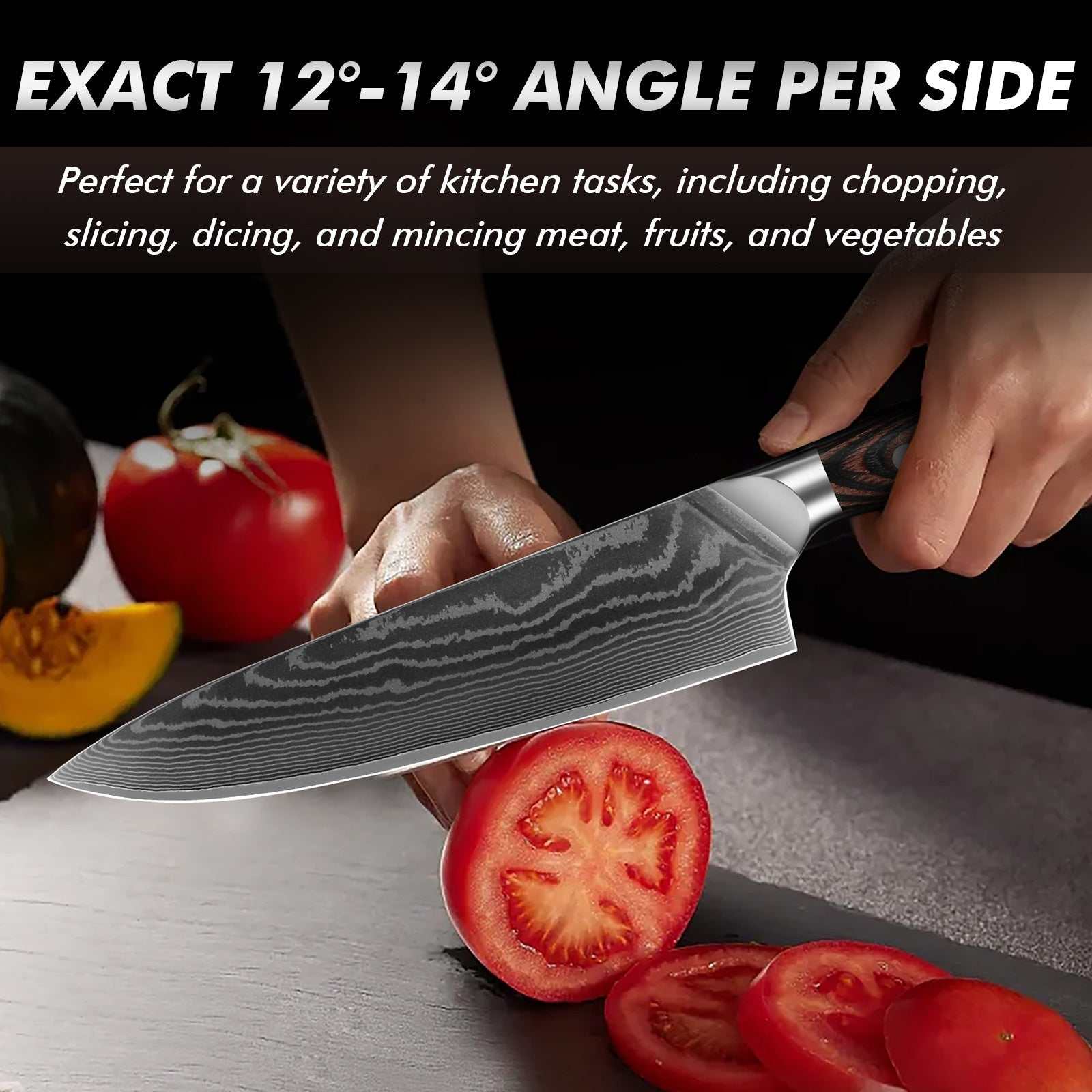 8 Inch Japanese Chef Knife with Damascus rose pattern blade and colorful pakkawood handle, slicing tomatoes.