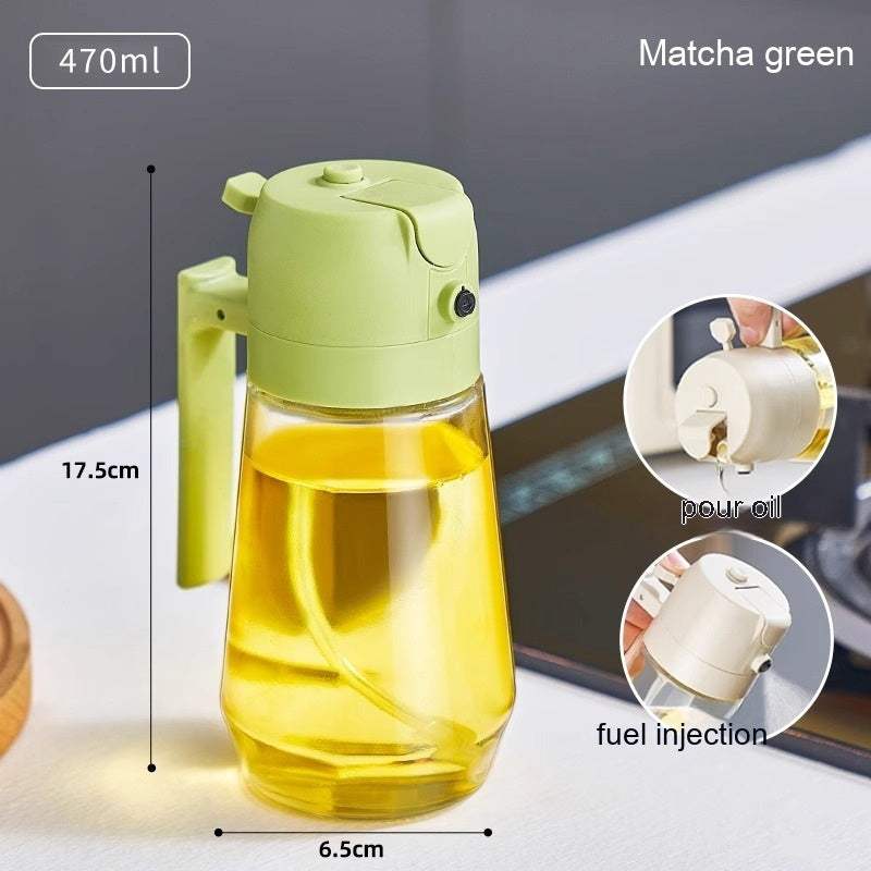 470ML matcha green olive oil sprayer dispenser with ergonomic handle and dual functionality for cooking and BBQ.