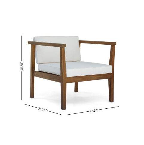 Outdoor 4-seater acacia wood club chair with beige cushions and teak finish.