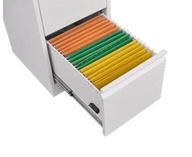 White metal 3 drawer file cabinet with colorful hanging folders, showcasing storage capacity.
