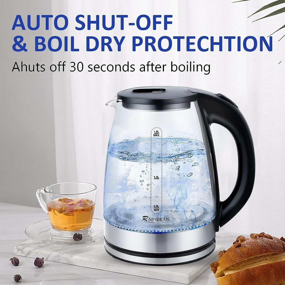 Electric kettle water boiler with glass design, LED light, and auto shut-off feature, 1.8L capacity.