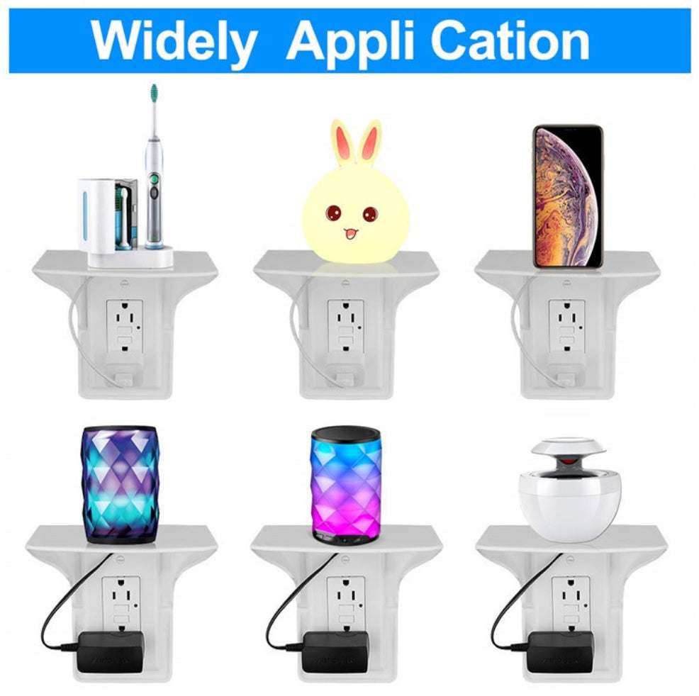 Wall outlet organizer for storing electronics and small items while keeping cables tidy.