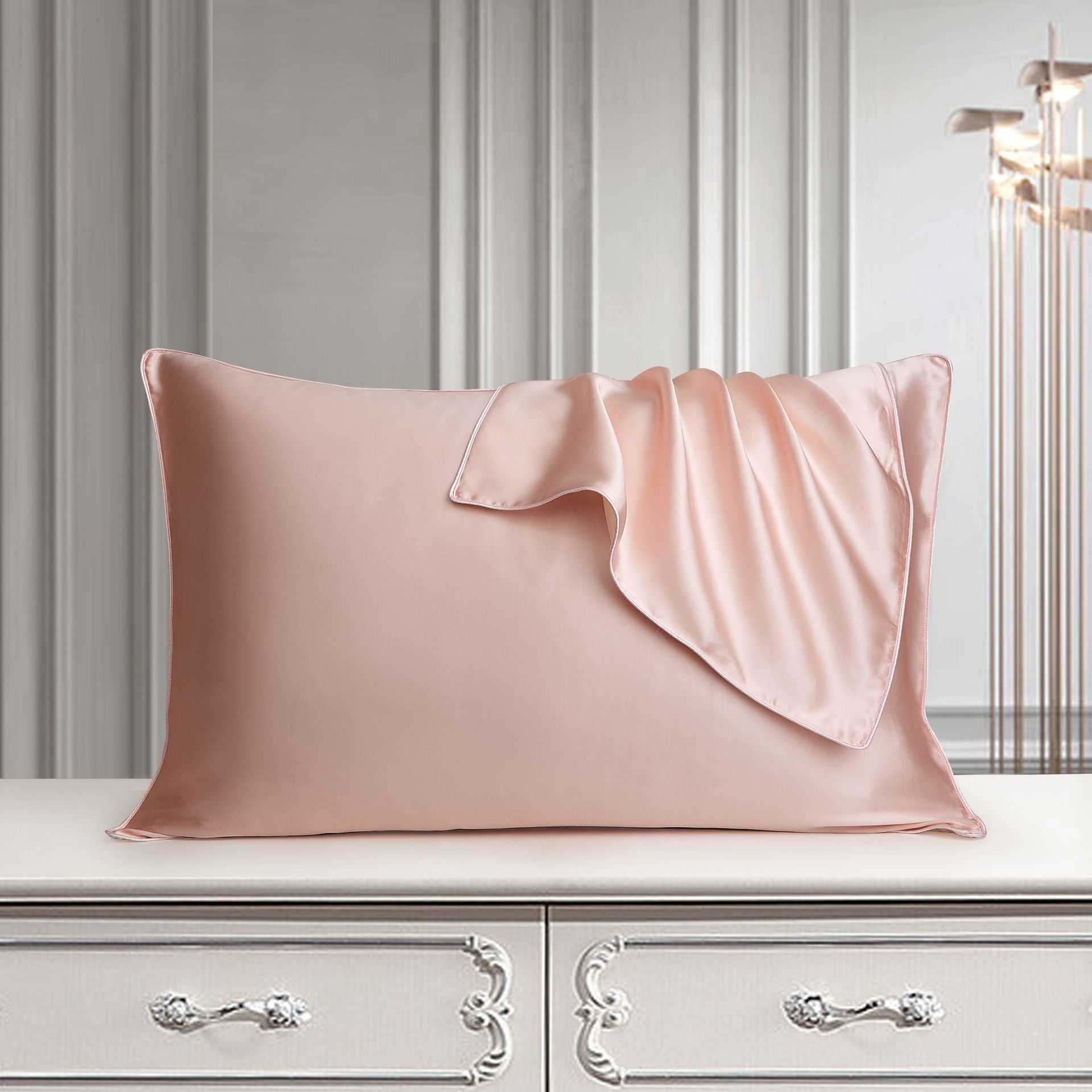 Luxury silk pillow case on elegant dresser, made from pure mulberry silk.