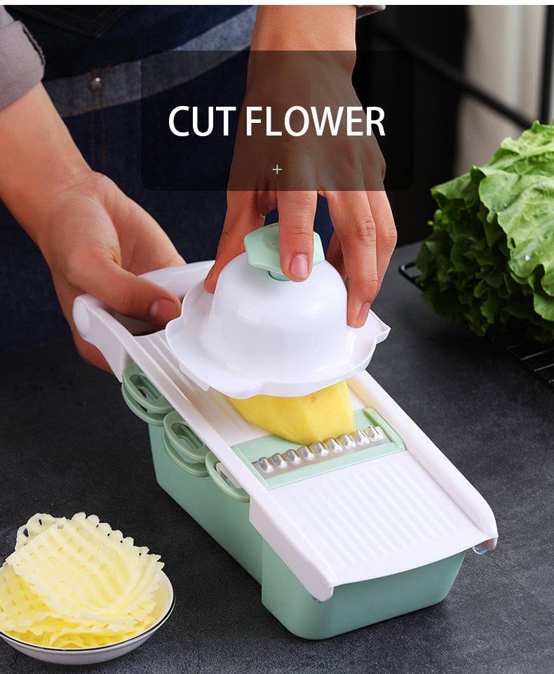 Eco-friendly multifunctional kitchen utensil for slicing and grating fruits and vegetables.