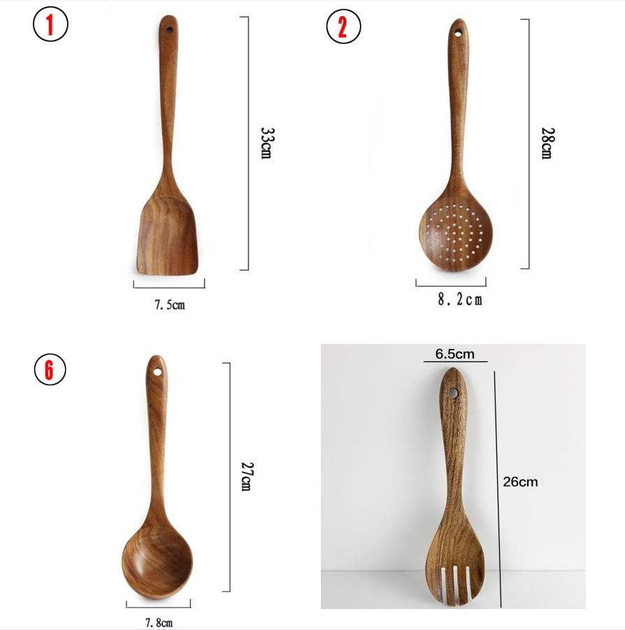 Thailand Teak Natural Wood Kitchen Tool Set with Long Handles, 7 Styles Including Spoon, Ladle, Turner, Colander, Skimmer, and Scoop.