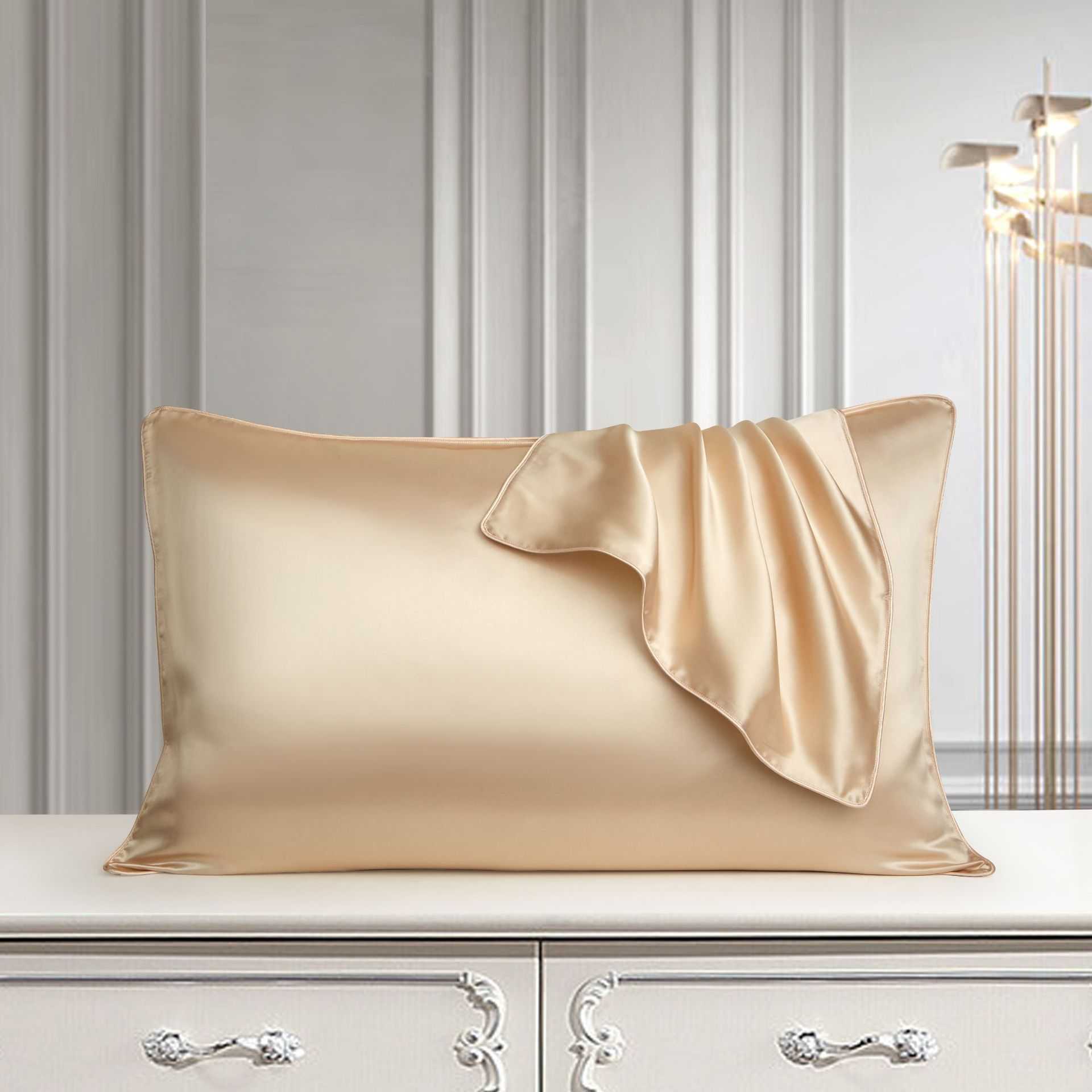 Silk pillowcase in luxurious palace style, made from pure mulberry silk with a smooth finish, displayed on a decorative surface.