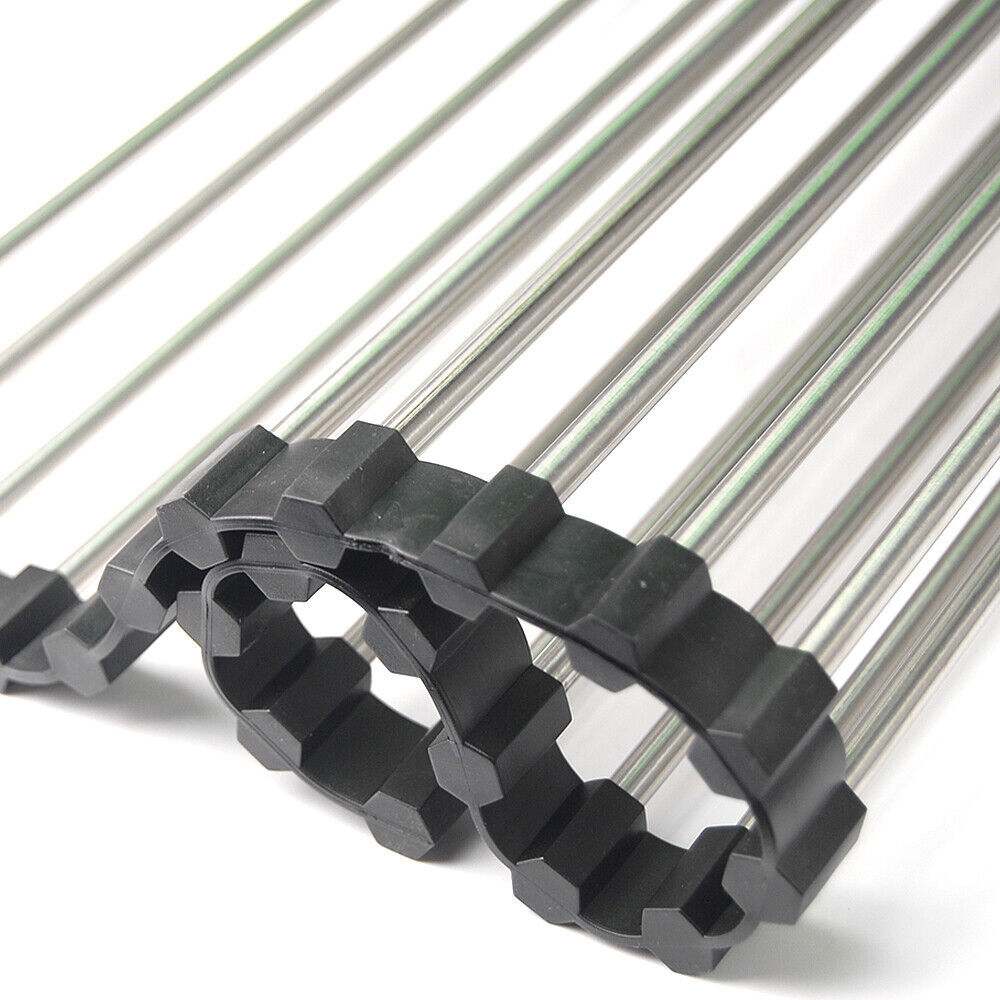 Kitchen stainless steel sink drain rack roll-up dish drying mat with silicone edges.