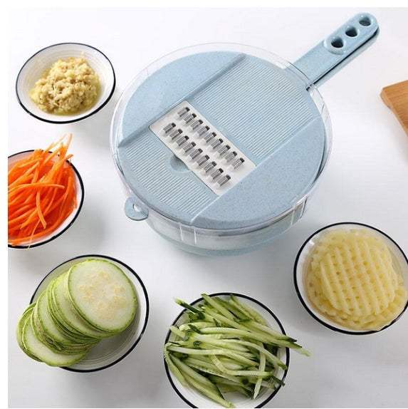 8 in 1 Mandoline Slicer with assorted sliced vegetables in bowls.