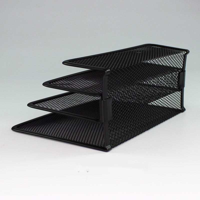 Metal office stationery document storage rack with three mesh tiers.