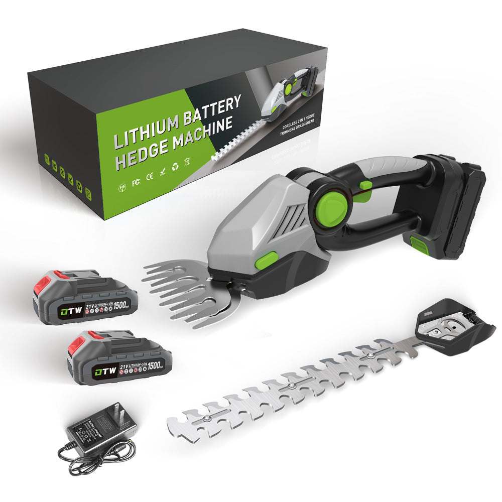 Electric small hedge trimmer with lithium battery and accessories in packaging.