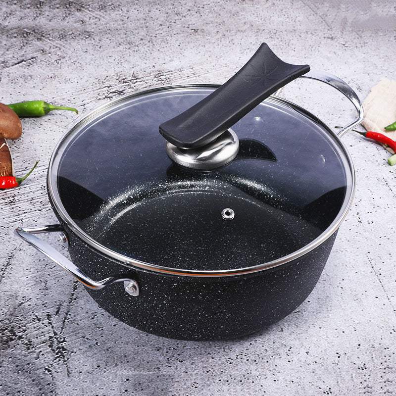 Three-piece cookware set with non-stick wrought iron material and composite multilayer bottom, suitable for gas stoves.