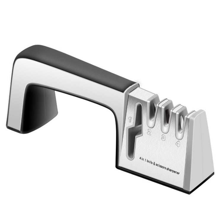 Fast knife sharpener with four slots, stainless steel and ABS plastic design.