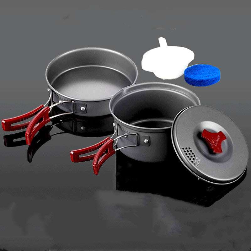 Picnic cookware set with hard alumina pots and frying pan, camping-friendly design.
