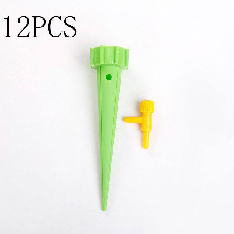 12-pack of automatic plant watering spikes with yellow valve for drip irrigation.