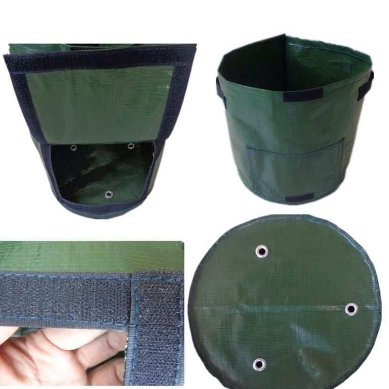 Dark green PE cloth garden planting bag with drainage holes and handles, designed for easy potato harvesting and adaptability for outdoor use.