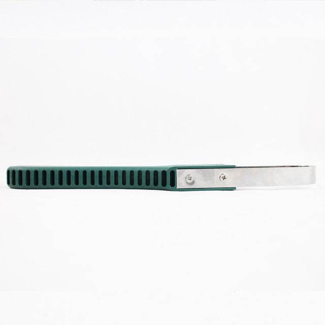 Garden weeding tool with plastic handle and stainless steel blade.