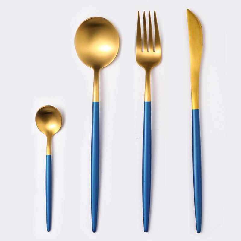 Cutlery spoon set with blue and gold finish, featuring stainless steel construction and mirror polishing.