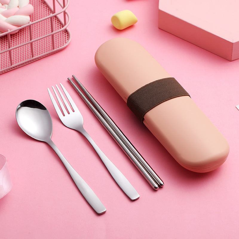 Stainless steel portable cutlery set with mirror polishing and anti-slip chopsticks.