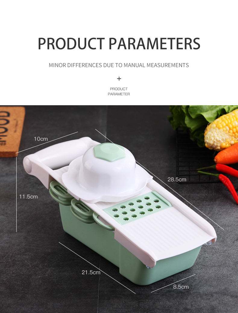 Multifunctional kitchen utensil featuring vegetable cutter, mandoline slicer, and grater in green. Eco-friendly, made from polypropylene plastic.