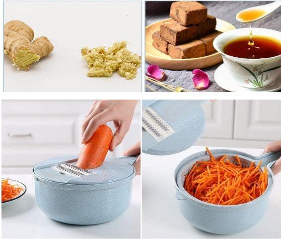 8 in 1 mandoline slicer grating ginger, slicing carrots into a bowl, versatile kitchen accessory.