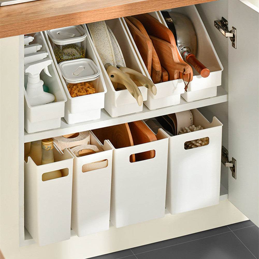 Kitchen cabinet organizer storage boxes in white, ideal for maximizing space.