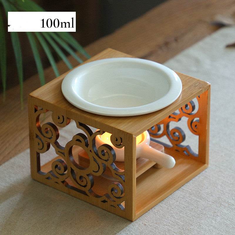 Bamboo Candle Lamp for Aromatherapy with Ceramic Dish and Wooden Base