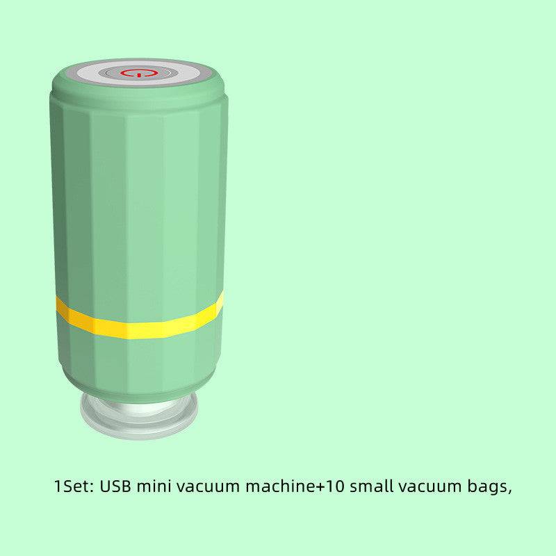 Mini USB charging vacuum sealer in emerald green with 10 small vacuum bags.