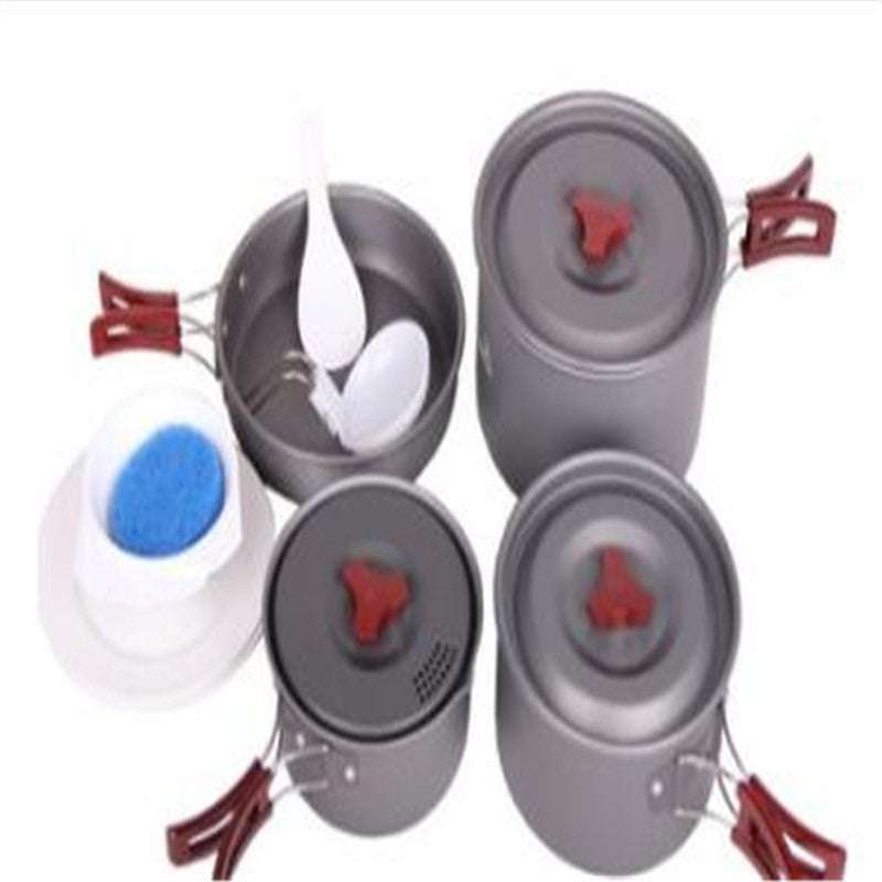 Picnic cookware set with pots and frying pan, hard alumina material, various sizes.