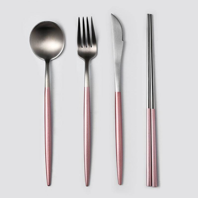 Stainless steel cutlery spoon set with mirror polishing, including spoon, fork, knife, and chopsticks.