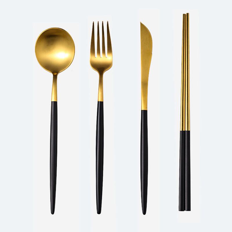 Cutlery spoon set with mirror-polished 304 stainless steel, including coffee spoon, dessert spoon, main meal spoon, dessert fork, main fork, chopsticks, and table knife.