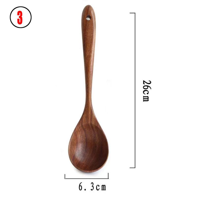 Thailand teak natural wood cooking spoon, 26cm length, elegant design.