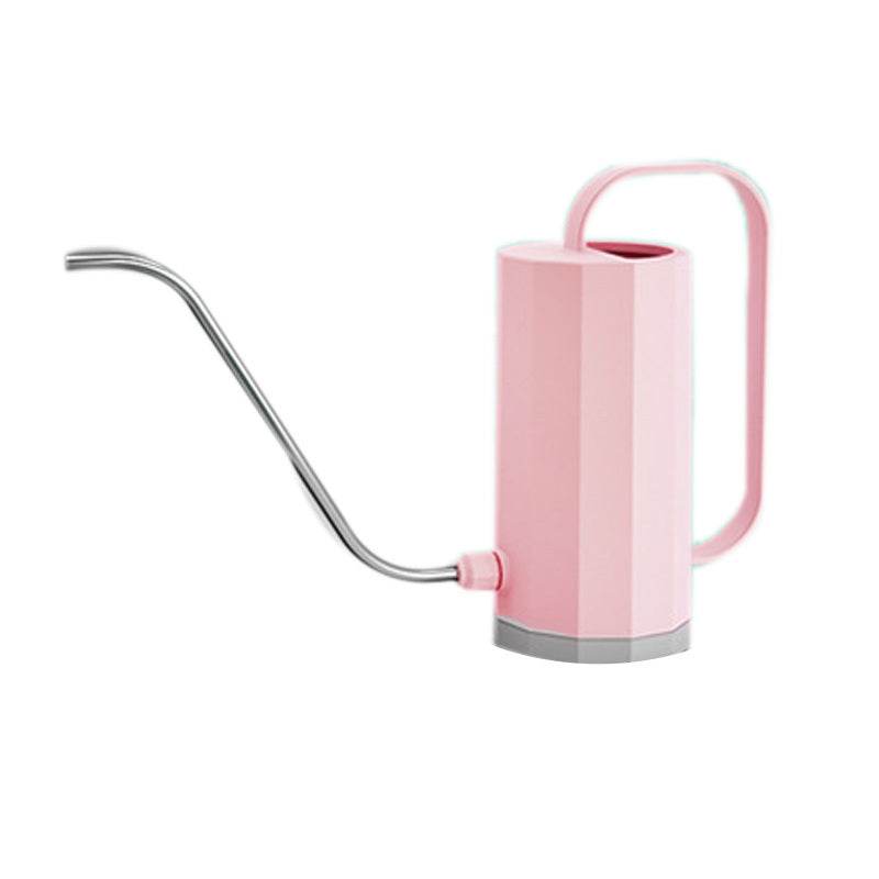 Pink plant watering can with long stainless steel spout, 1200ML capacity.