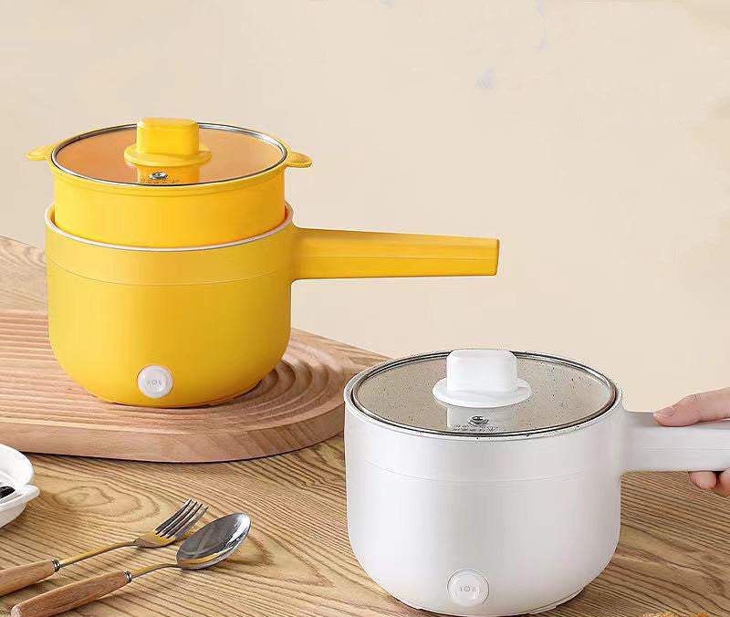 Multifunctional electric cooker with non-stick pot in yellow and white, ideal for student dormitory use.