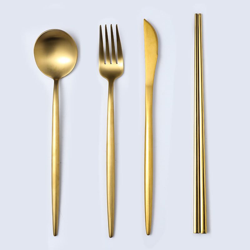 Stainless steel cutlery spoon set with mirror polishing, including spoon, fork, knife, and chopsticks.