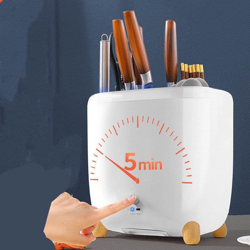 Modern cutlery rack with drainage feature, holding various knives, UV sterilization for hygiene.