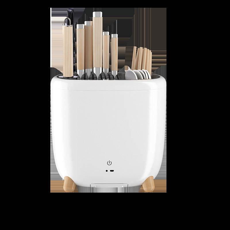 Modern cutlery rack with drain and UV sterilization for kitchen knives and utensils.